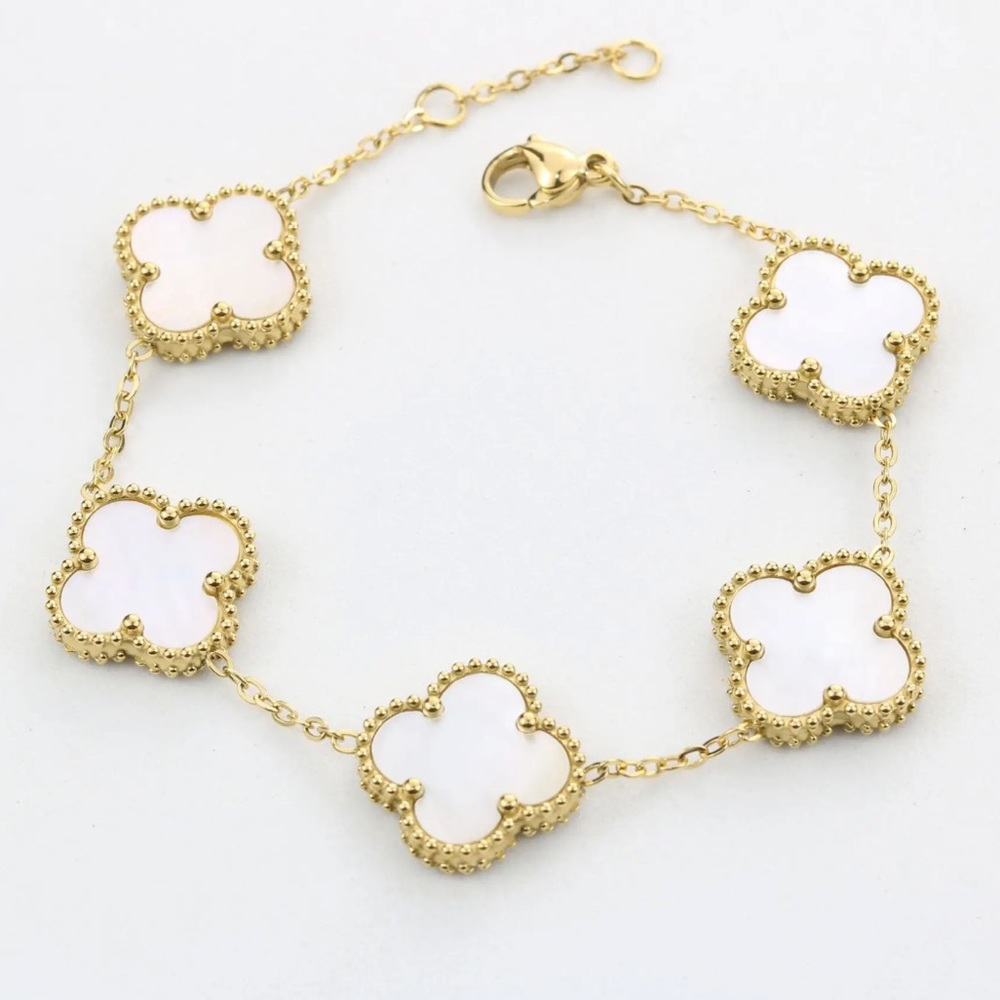 Gold White Mother of Pearl Quatrefoil Clover Bracelet  5 Motifs